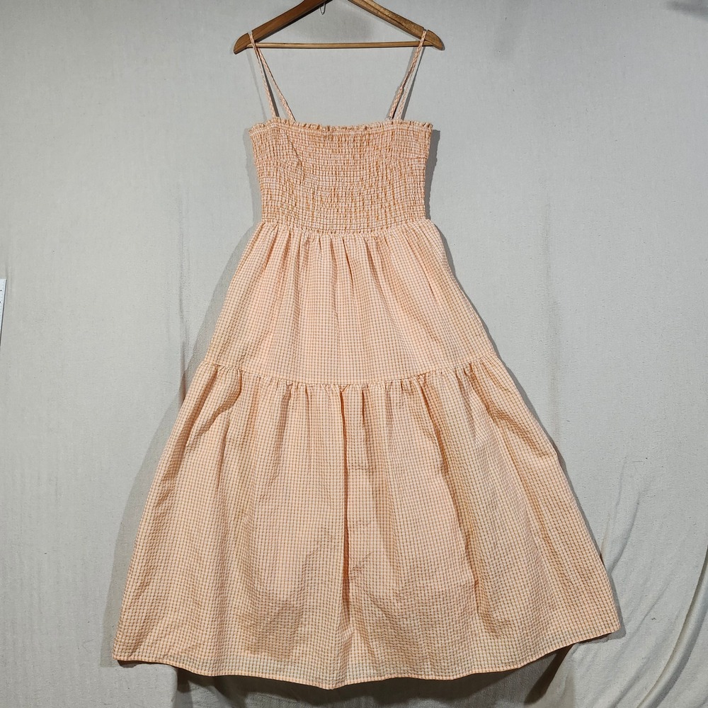 Lalavon Orange Gingham Smocked Tiered Midi Dress Adjustable Straps Womens Large